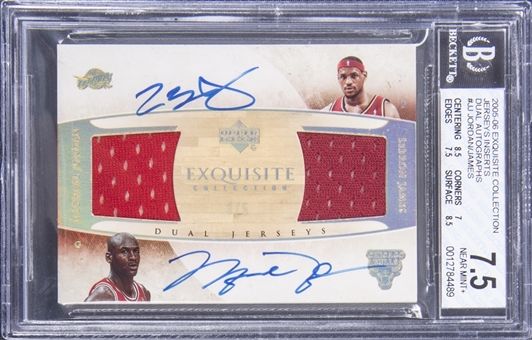 2005-06 UD "Exquisite Collection" Jerseys Inserts Dual Autographs #JJ Michael Jordan/LeBron James Dual Signed Game Used Patch Card (#3/5) – BGS NM+ 7.5/BGS 9